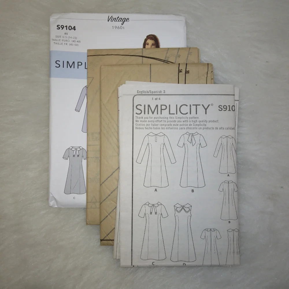 SIMPLICITY S9104 Sz 14-22 Vintage 1960s style Misses dress with sleeve and colla
